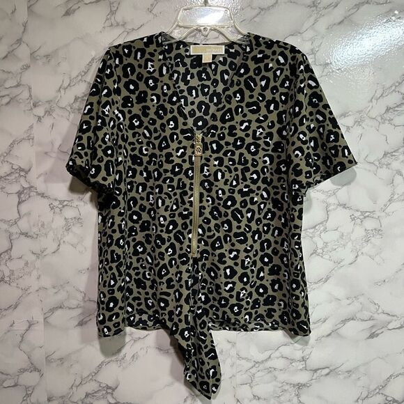 Michael Kors Size S Green & Black Animal Print Zip Front Tie Hem Blouse Top - Picture 1 of 5